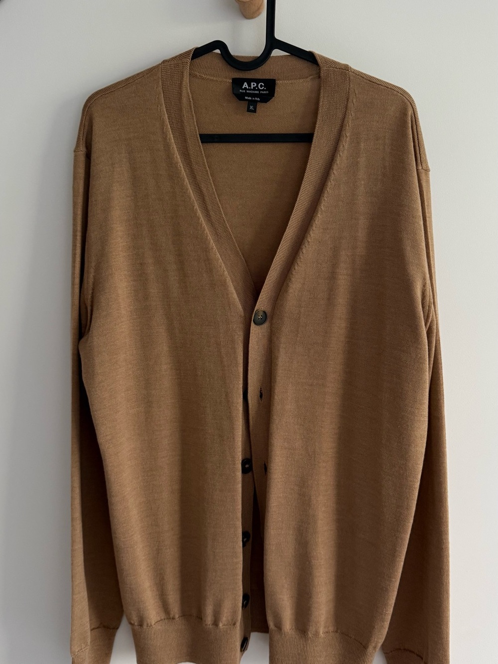 A.P.C. Lightweight Knit cardigan sweater in 100% virgin wool, size XL.